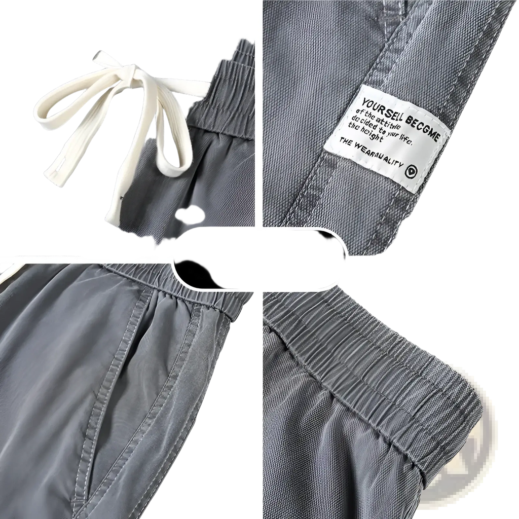 Men’s gray lyocell casual loose straight jogger pants with white drawstring waistband and yourself become label