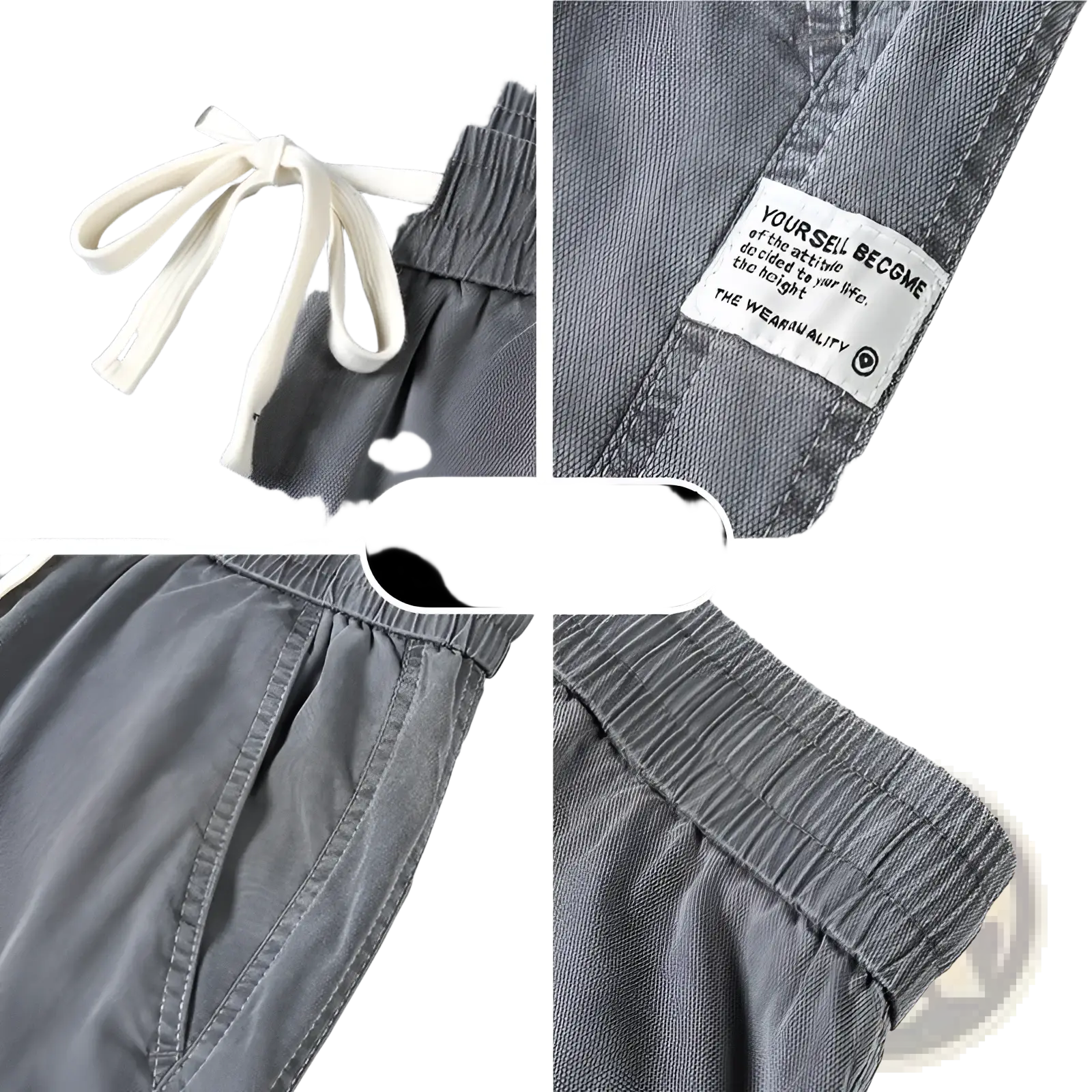 Men’s gray lyocell casual loose straight jogger pants with white drawstring waistband and yourself become label