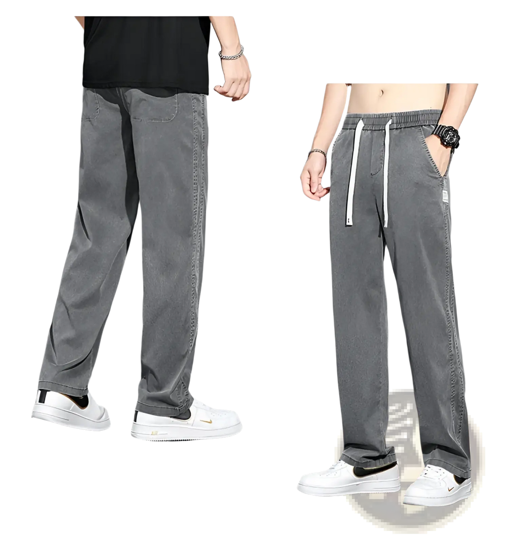 Men’s lyocell casual loose straight drawstring pants in gray denim with white drawstrings and a relaxed fit