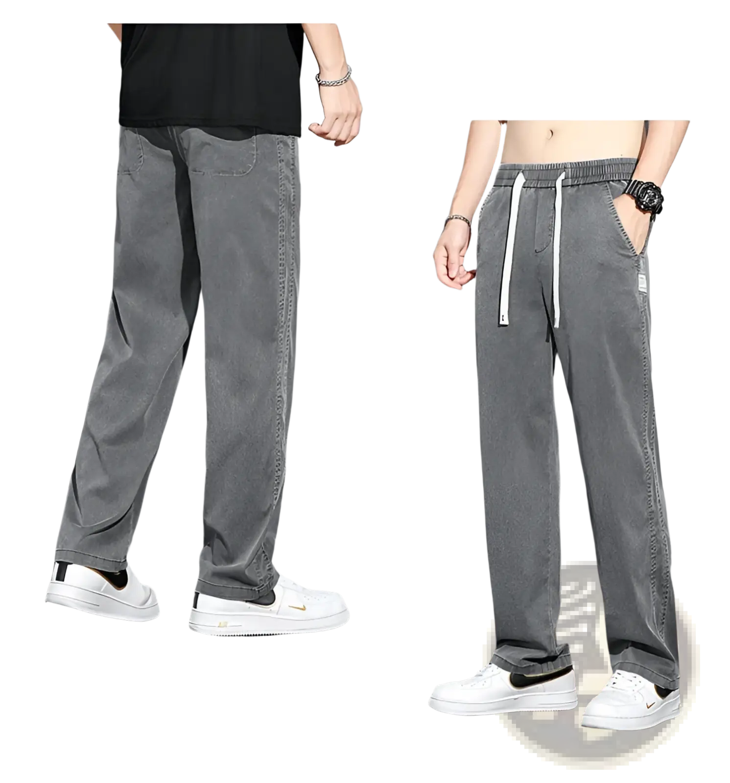 Men’s lyocell casual loose straight drawstring pants in gray denim with white drawstrings and a relaxed fit
