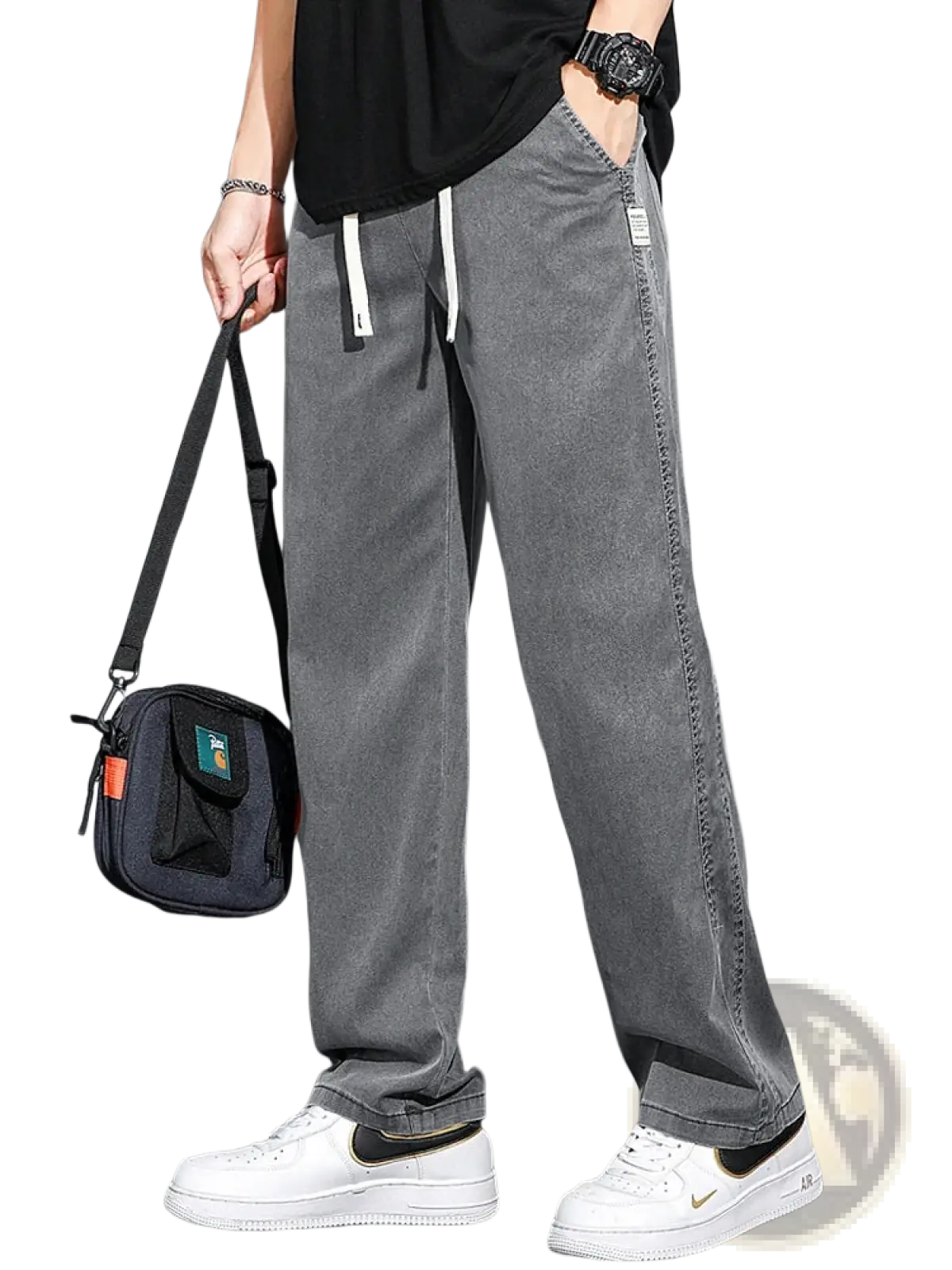 Men’s lyocell casual loose straight gray denim joggers with white drawstrings and subtle side seam detail