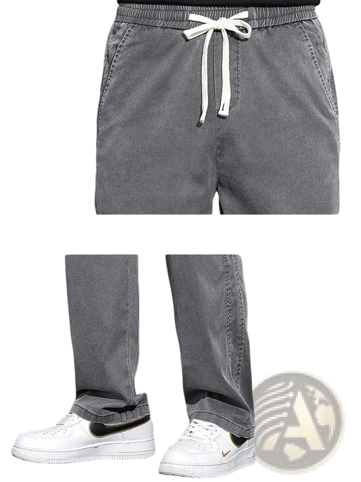 Men’s lyocell casual loose straight drawstring gray denim joggers with white waistband and rolled cuffs paired with sneakers