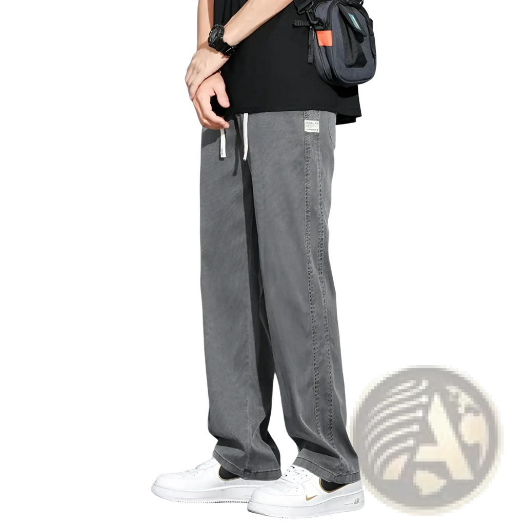 Men’s lyocell casual loose straight gray denim pants with white drawstrings and a small side seam label