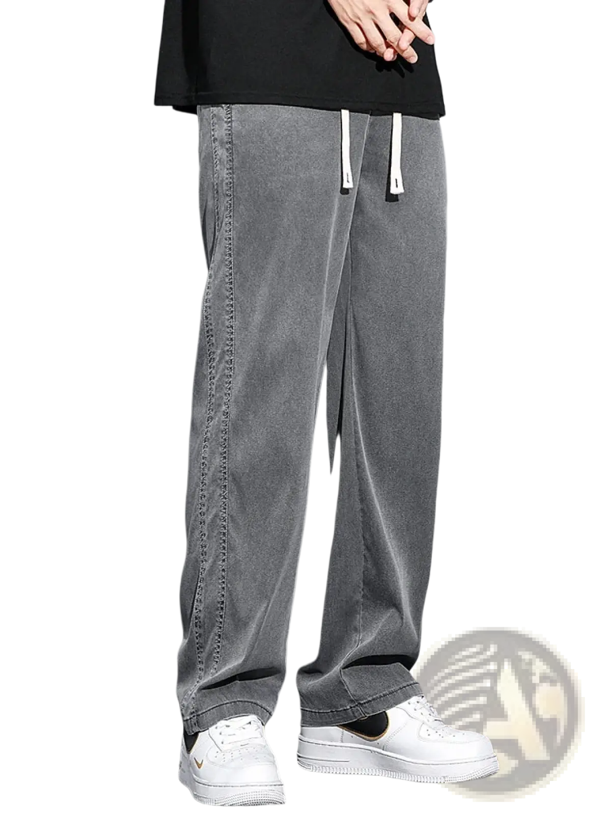 Men’s lyocell casual loose straight pants in gray denim with white drawstrings and a relaxed tapered fit