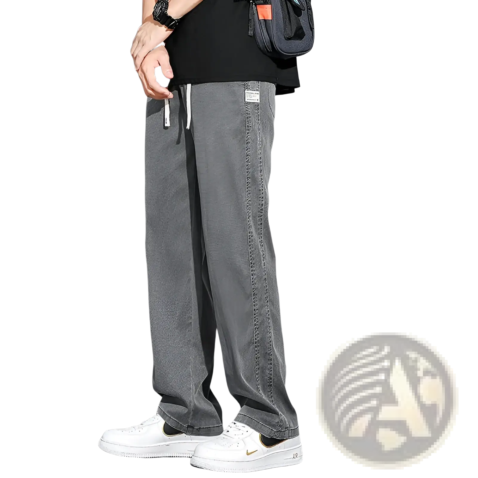 Men’s lyocell gray denim casual loose straight pants with relaxed fit and white drawstring for everyday wear