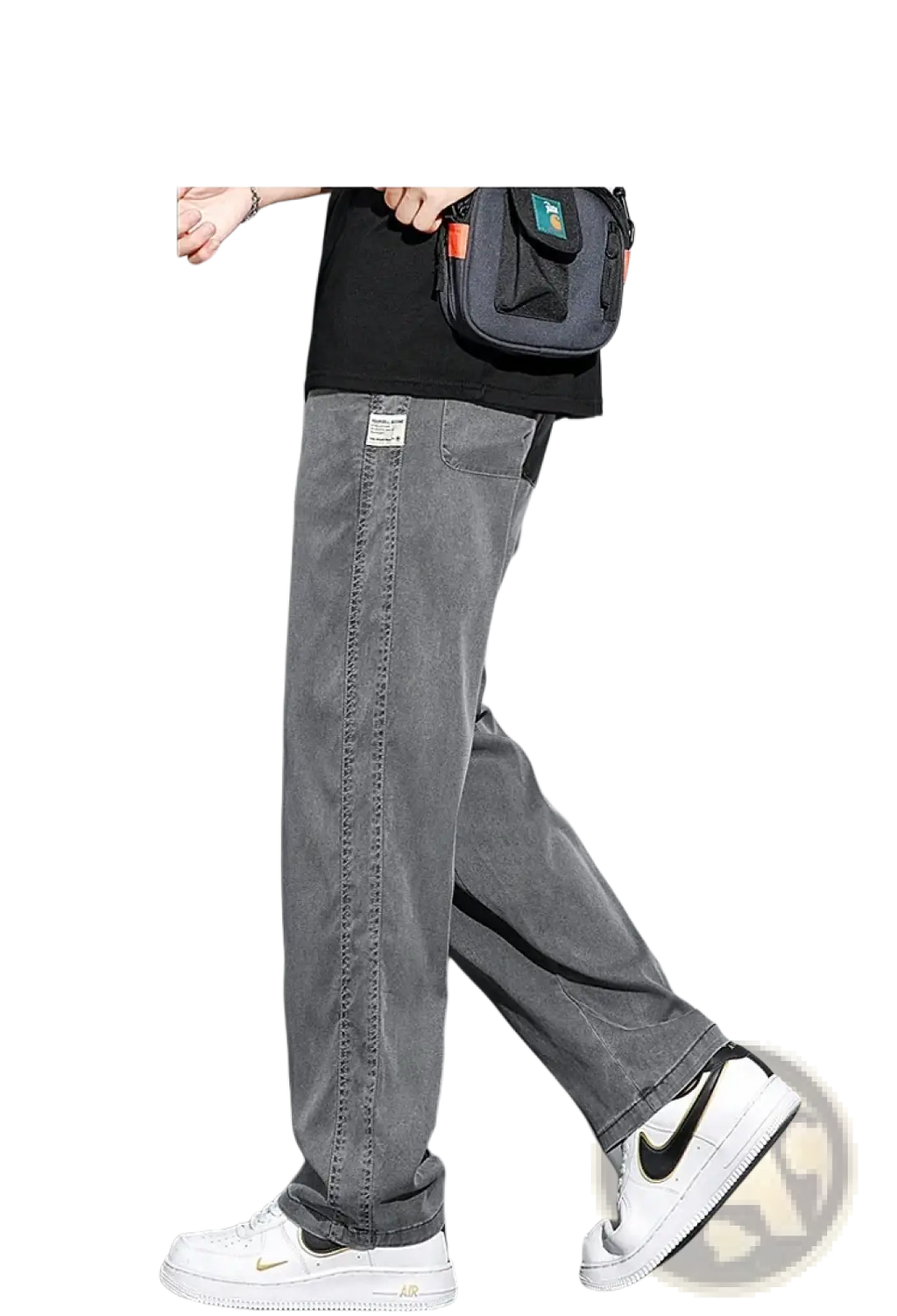 Men’s grey lyocell casual loose straight drawstring pants with subtle stitching and a straight-leg cut
