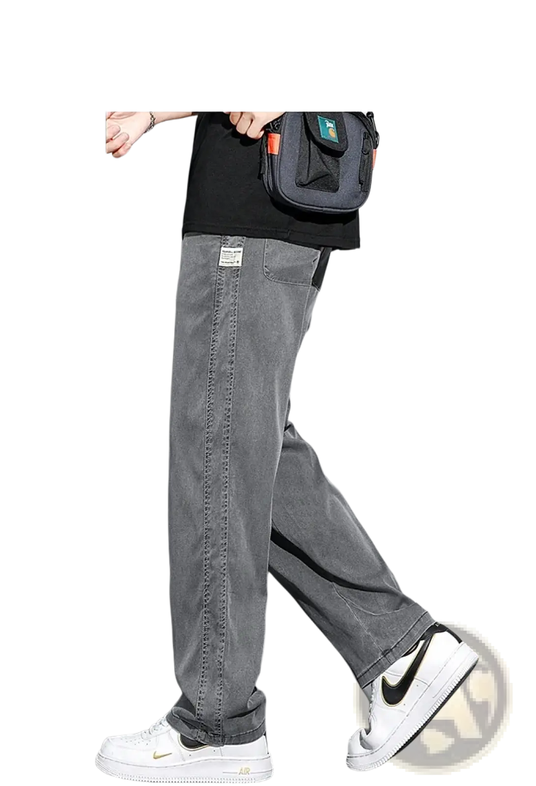 Men’s grey lyocell casual loose straight drawstring pants with subtle stitching and a straight-leg cut