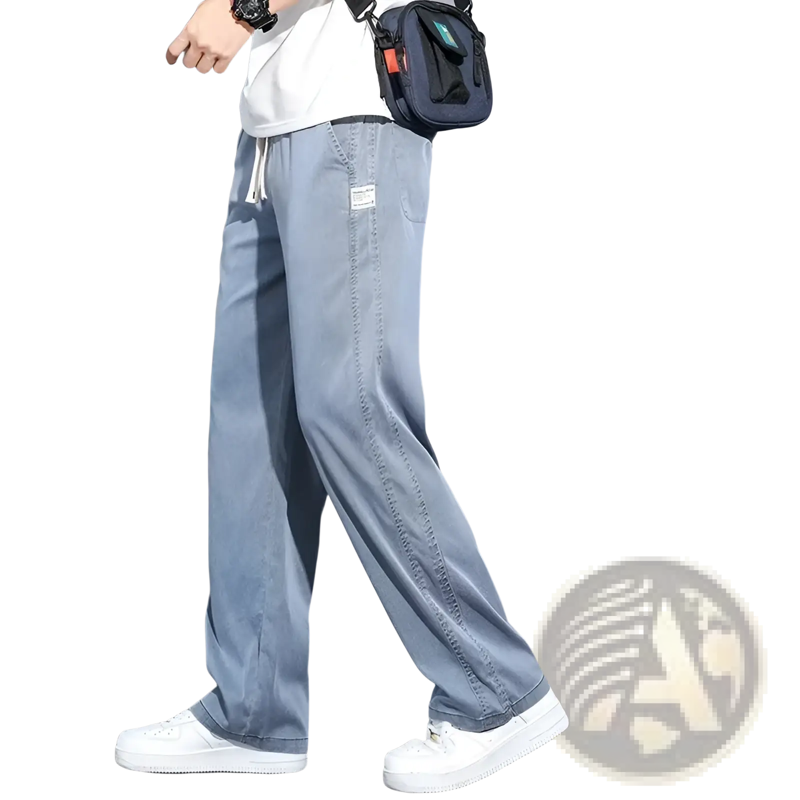 Men’s light blue lyocell casual loose straight drawstring pants with ultrathin fabric and subtle stitching details