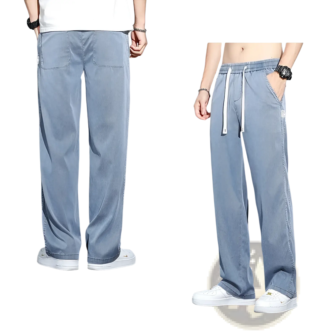 Men’s light blue lyocell casual loose straight pants with drawstring waistband and side pockets