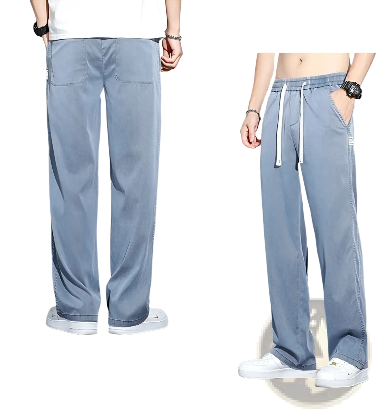 Men’s light blue lyocell casual loose straight pants with drawstring waistband and side pockets