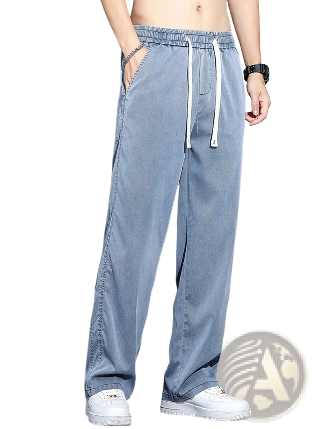 Men’s lyocell casual loose straight light blue denim joggers with white drawstrings and a relaxed fit