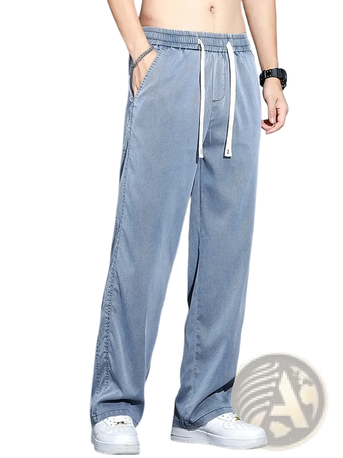 Men’s lyocell casual loose straight light blue denim joggers with white drawstrings and a relaxed fit