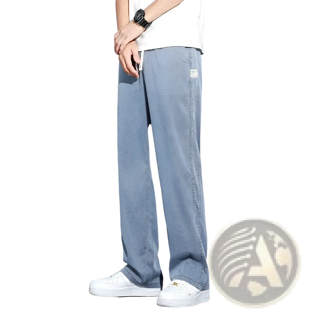 Men’s light blue lyocell casual loose straight drawstring pants with relaxed fit and subtle side seam stitching