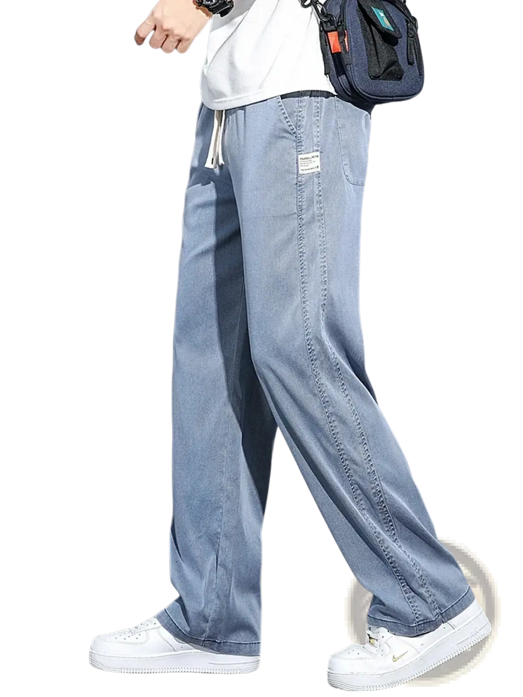 Men’s light blue lyocell casual loose straight drawstring pants with relaxed fit and visible stitching details