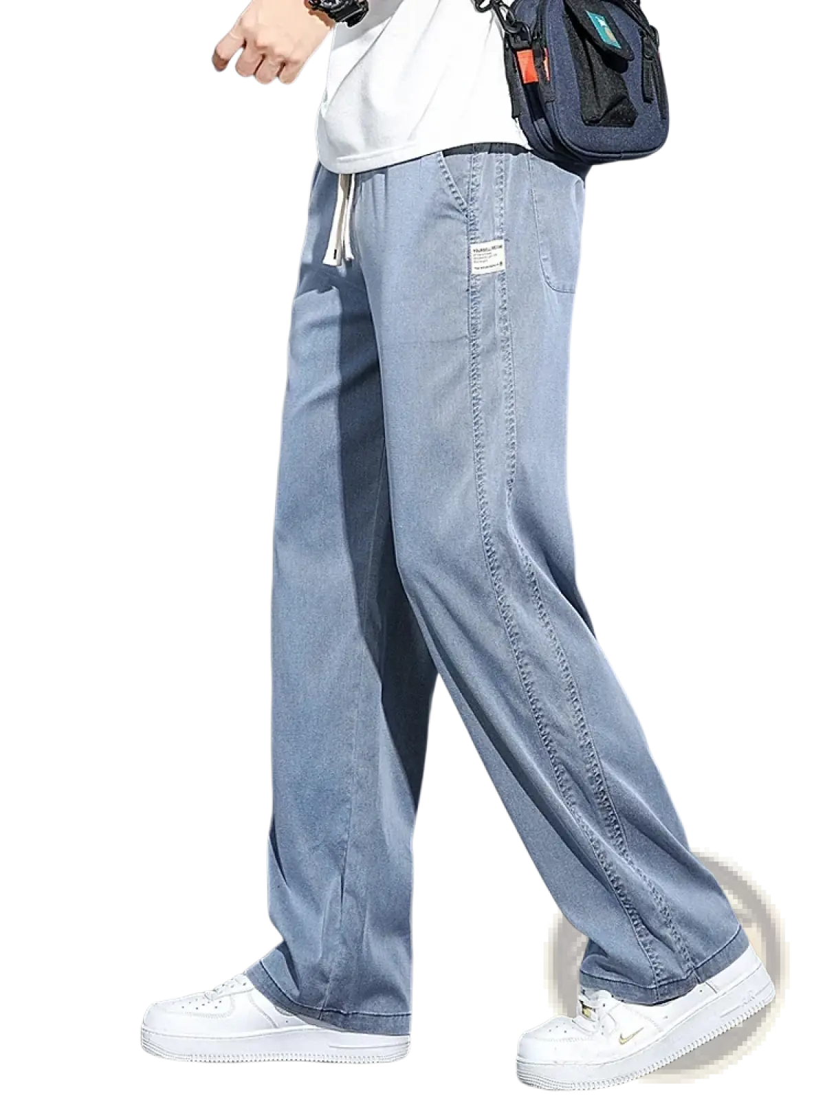 Men’s light blue lyocell casual loose straight drawstring pants with relaxed fit and visible stitching details