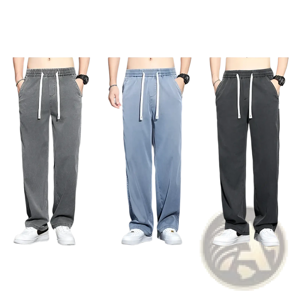 Men’s lyocell casual loose straight drawstring pants in grey blue and black with white cord accents