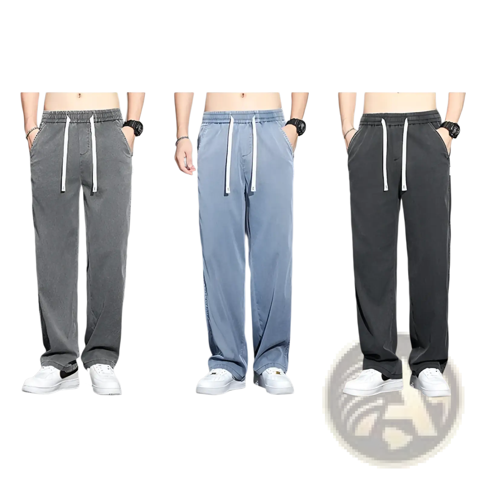 Men’s lyocell casual loose straight drawstring pants in grey blue and black with white cord accents