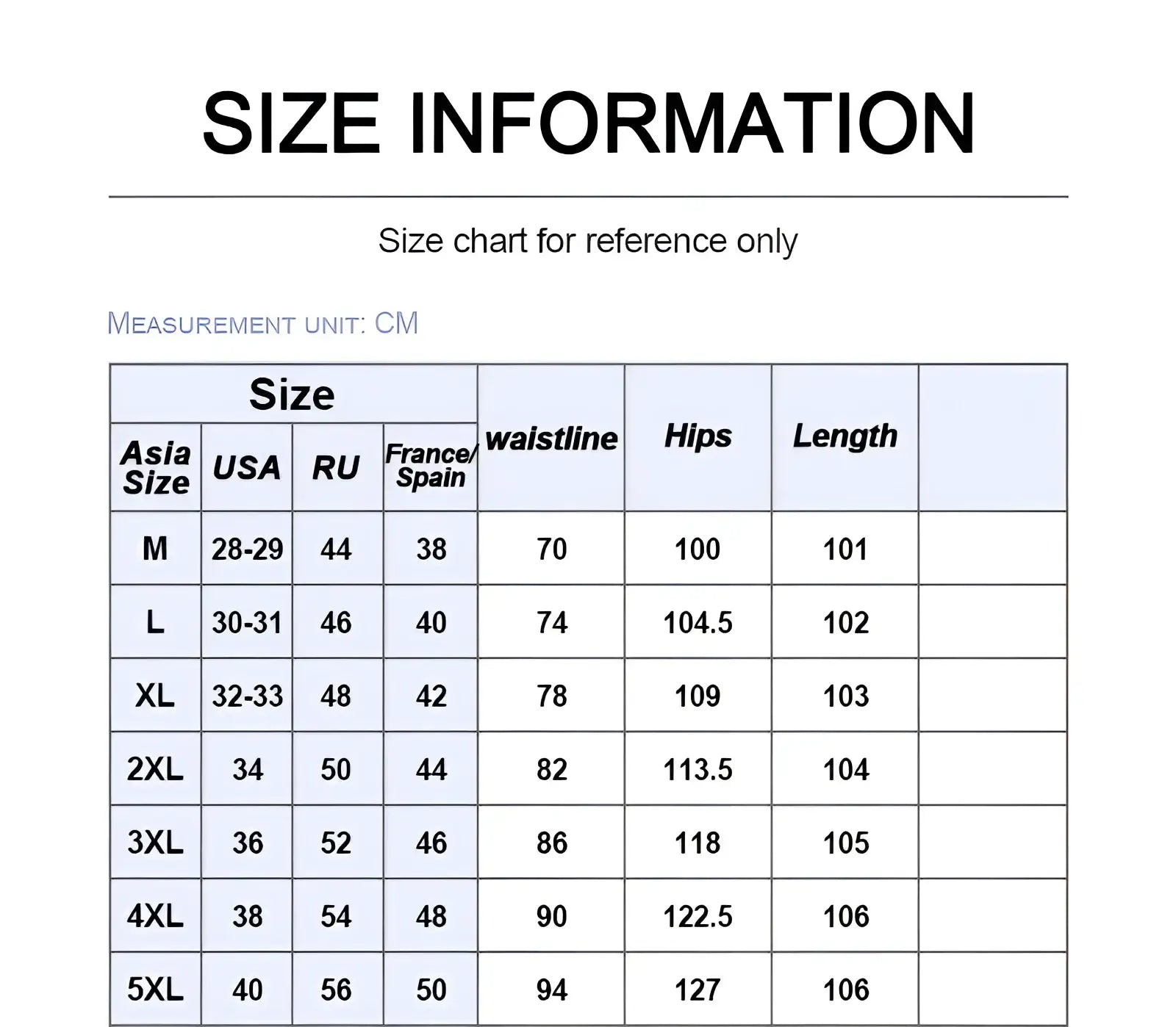 Size chart in centimeters for men’s lyocell casual loose straight drawstring pants across Asia USA Russia and France Spain sizes