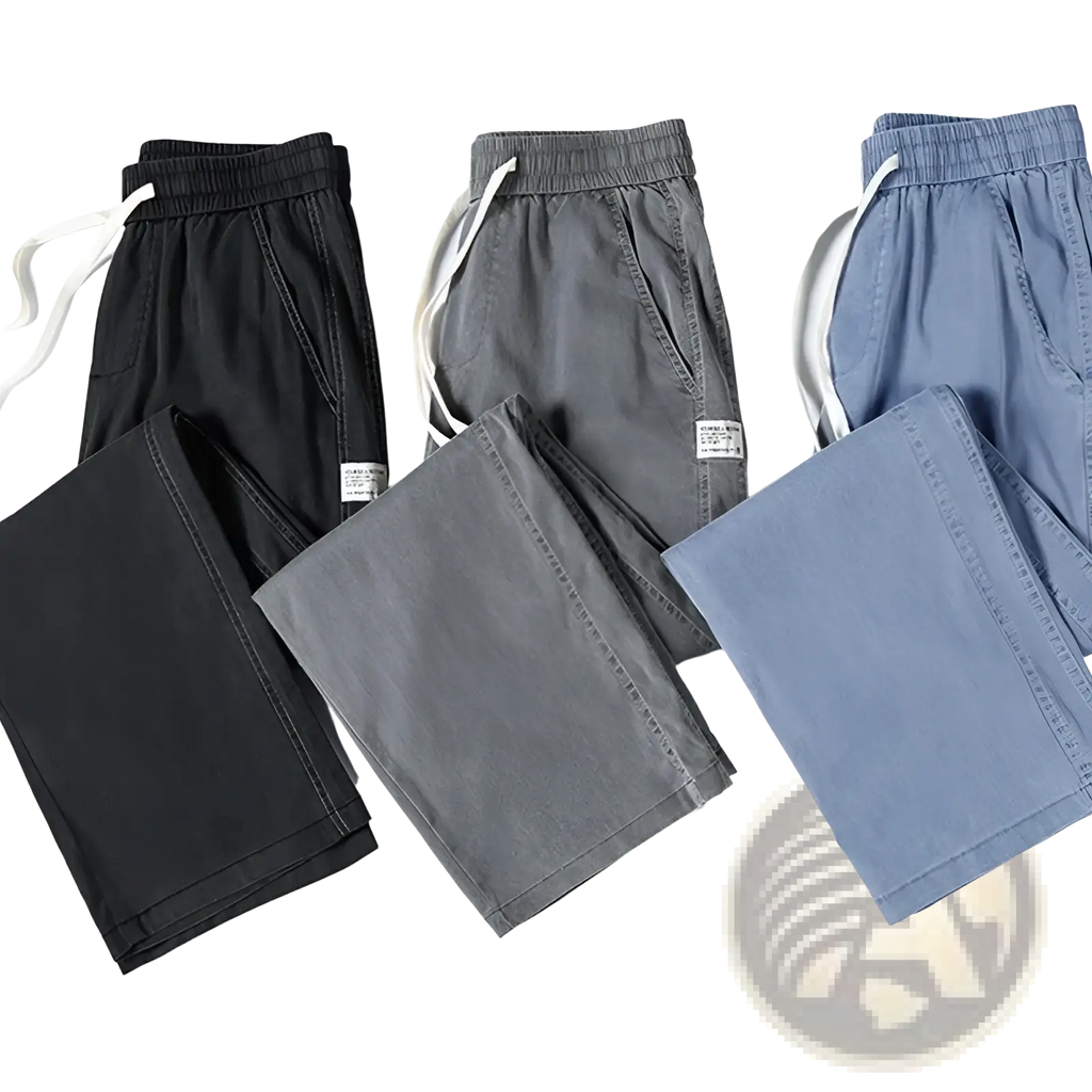 Men’s lyocell casual loose straight drawstring pants in black gray and blue denim fabric with white drawstrings