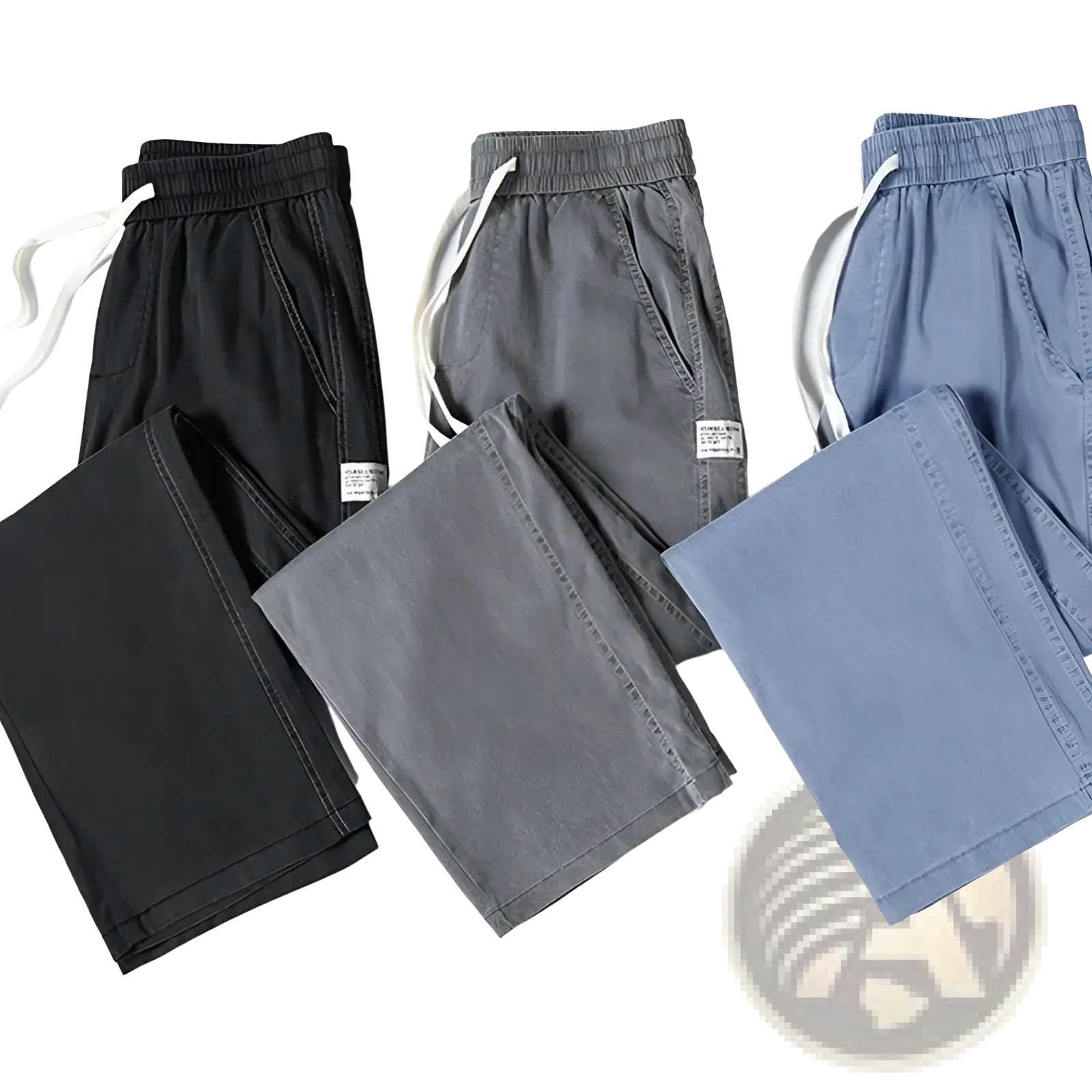 Men’s lyocell casual loose straight drawstring pants in black gray and blue denim fabric with white drawstrings