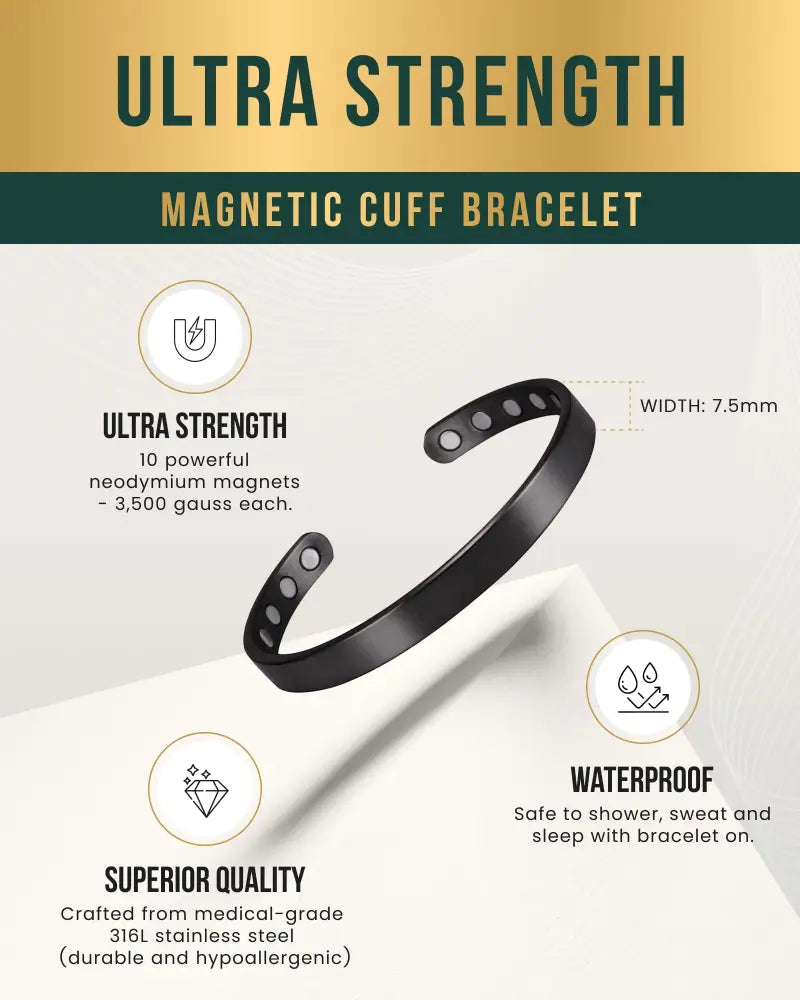 Men’s brushed black magnetic stainless steel cuff bracelet made of medical-grade 316l with ten neodymium magnets