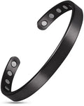 Men’s brushed black magnetic stainless steel cuff bracelet with sleek matte finish and circular cutouts along its length