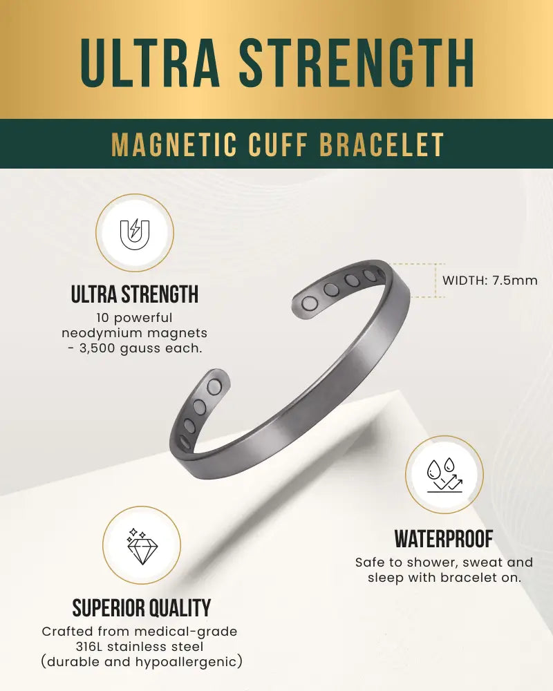 Men’s brushed silver magnetic therapy cuff bracelet with ten neodymium magnets and a sleek minimalist design