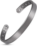 Men’s brushed silver magnetic therapy cuff bracelet with a sleek silver-toned design and five circular cutouts on each end