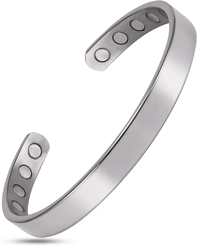 Men’s polished silver magnetic therapy cuff bracelet with five circular magnets and a sleek minimalist design