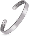 Men’s polished silver magnetic therapy cuff bracelet with five circular magnets and a sleek minimalist design
