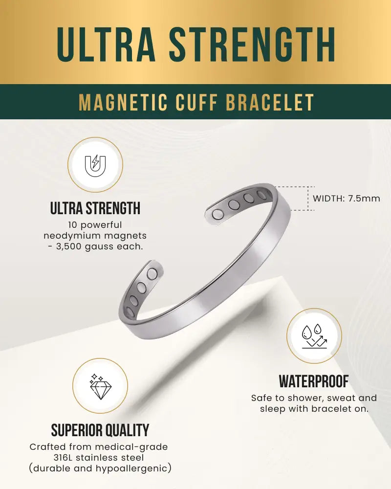 Men’s polished silver magnetic therapy cuff bracelet with sleek minimalist design and 10 neodymium magnets inside