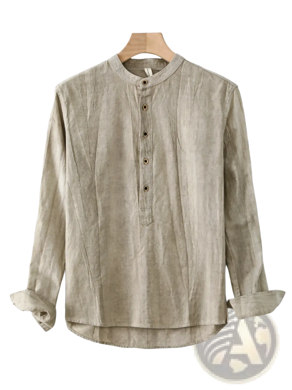 Beige linen long-sleeved mens shirt with mandarin collar and button-front closure for a stylish look