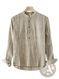 Beige linen long-sleeved mens shirt with mandarin collar and button-front closure for a stylish look