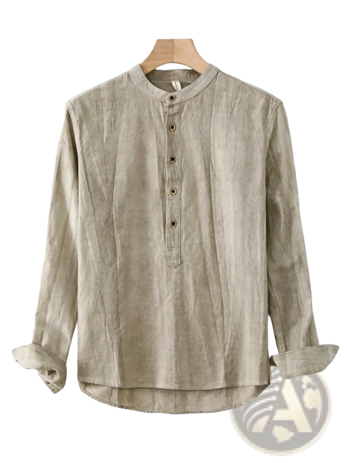 Beige linen long-sleeved mens shirt with mandarin collar and button-front closure for a stylish look