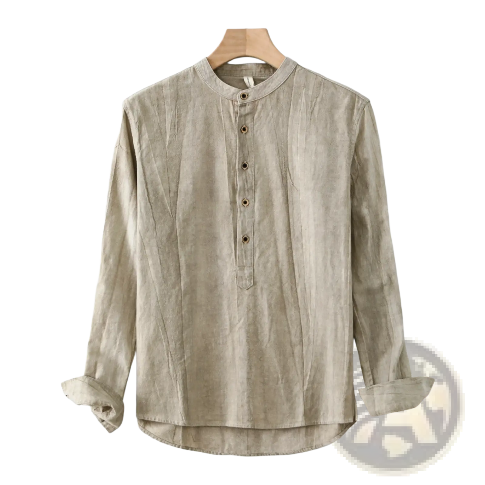 Beige linen long-sleeved mens shirt with mandarin collar and button-front closure for casual or formal wear