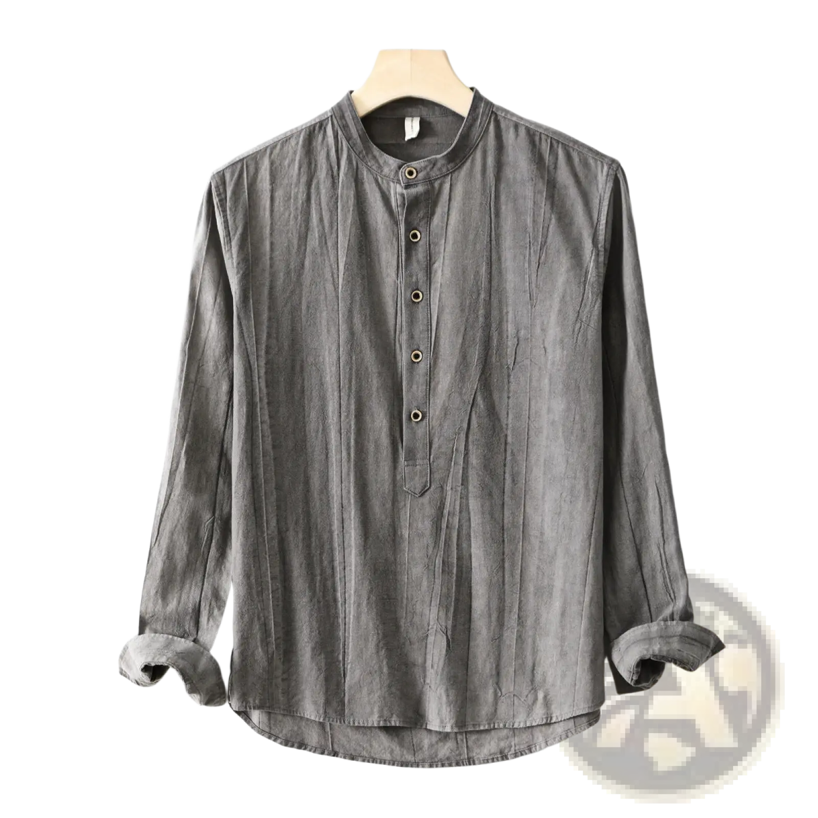 Mens mandarin collar linen shirt dark gray textured cotton long sleeve with button down front for casual wear
