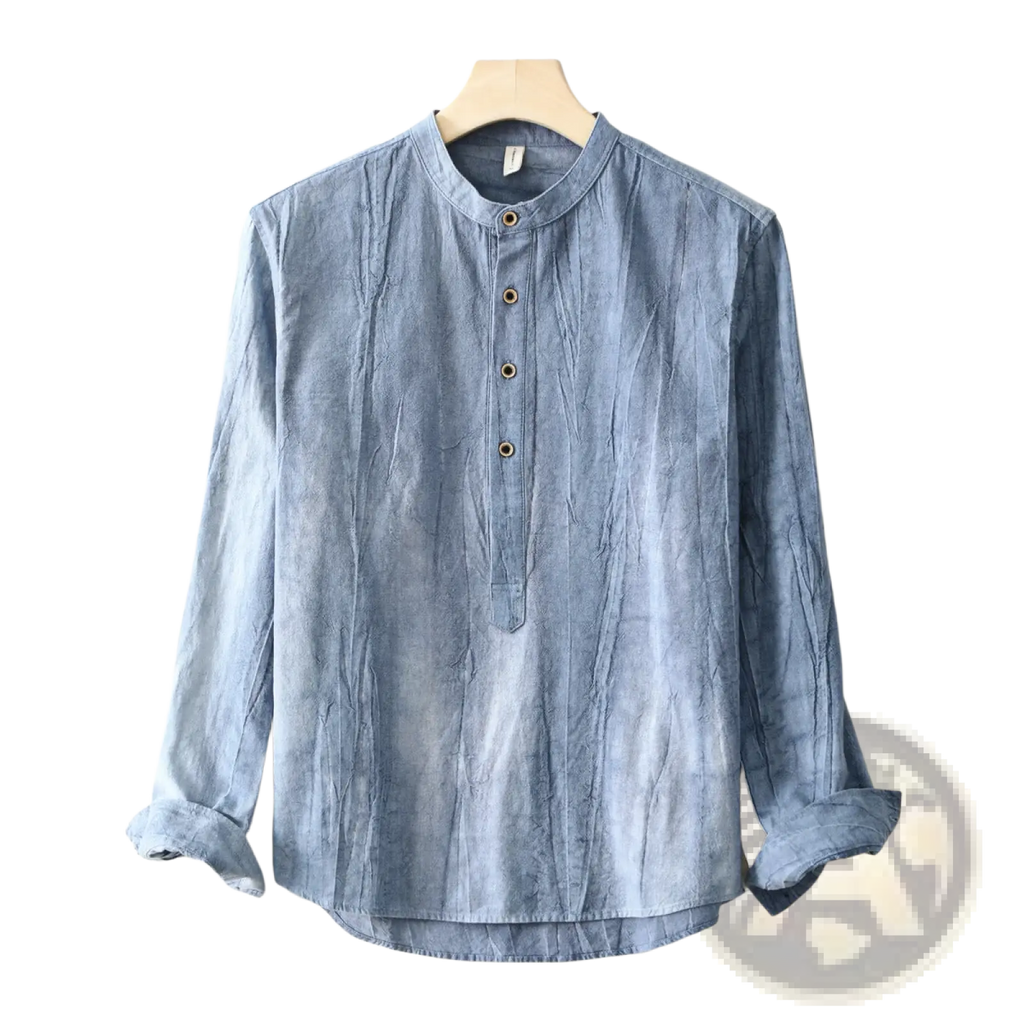 Light blue textured cotton mens mandarin collar linen shirt with wooden buttons and long sleeves