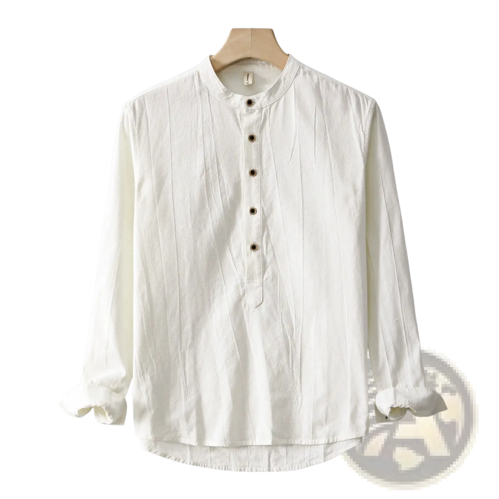 A white mens mandarin collar linen shirt with long sleeves, button-up front, and rolled cuffs