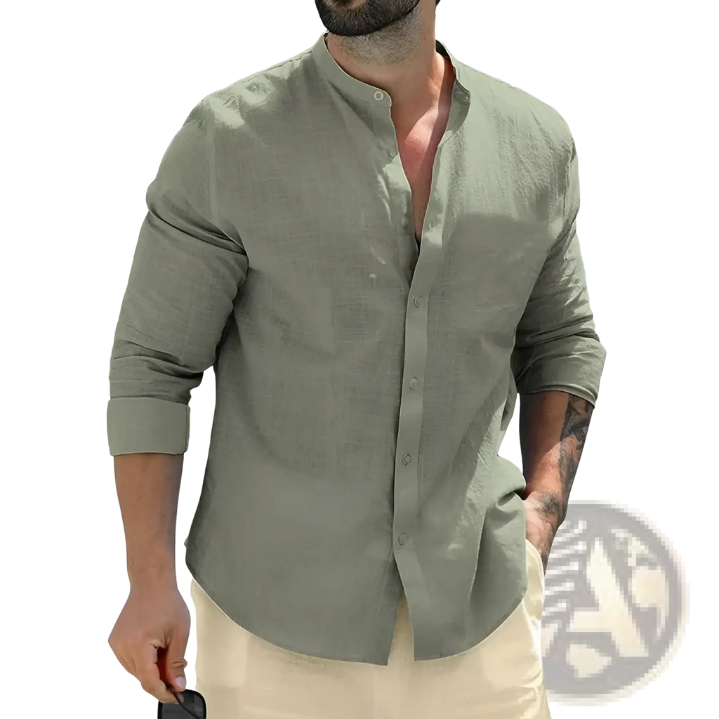 A men’s olive green linen mandarin collar long sleeve button-up shirt with rolled sleeves