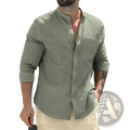 A men’s olive green linen mandarin collar long sleeve button-up shirt with rolled sleeves