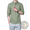 Men’s olive green long sleeve linen shirt with mandarin collar and zipper closure for casual wear