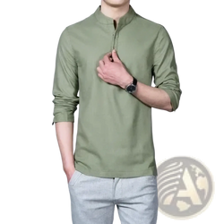Men’s olive green long sleeve linen shirt with mandarin collar and zipper closure for casual wear