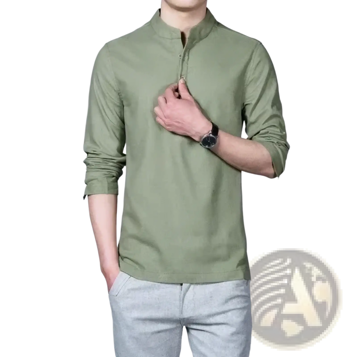 Men’s olive green long sleeve linen shirt with mandarin collar and zipper closure for casual wear