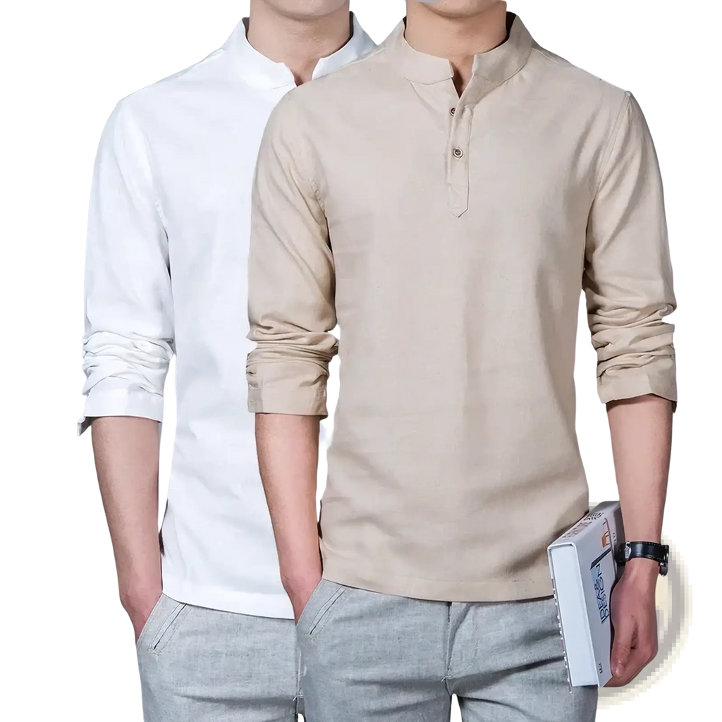 Beige men’s mandarin collar long sleeve linen shirt with buttoned placket and rolled cuffs front view
