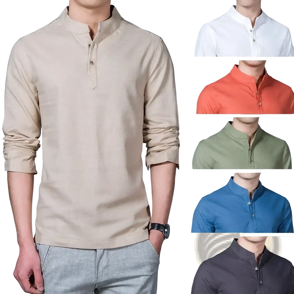 Beige men’s mandarin collar long sleeve linen shirt with buttoned placket and rolled cuffs front view