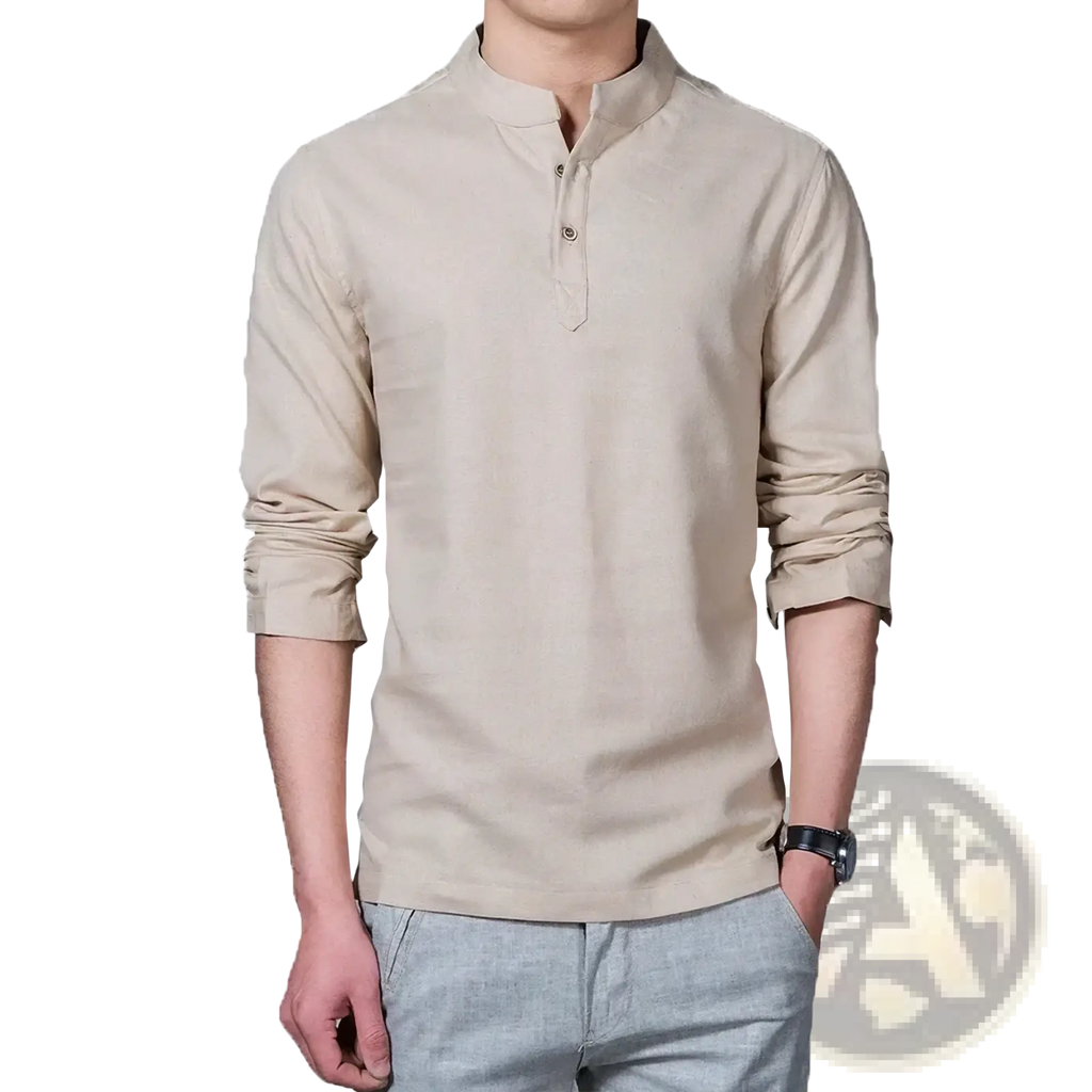 Beige men’s mandarin collar long sleeve linen shirt with rolled cuffs and button placket