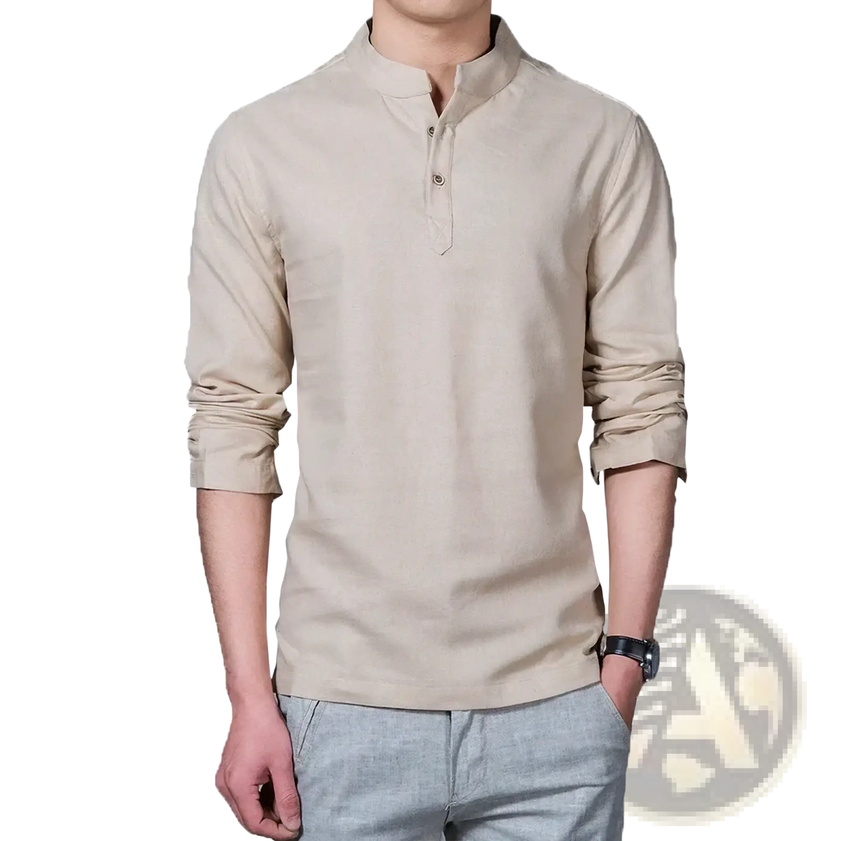 Beige men’s mandarin collar long sleeve linen shirt with rolled cuffs and button placket