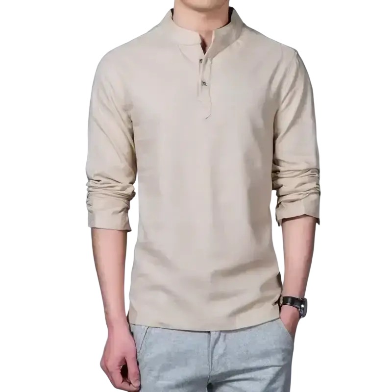 Beige men’s mandarin collar long sleeve linen shirt with subtle texture and rolled cuffs for casual wear
