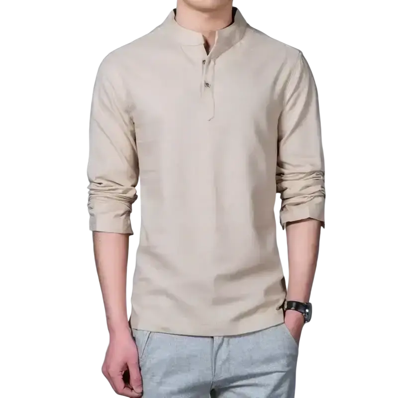 Beige men’s mandarin collar long sleeve linen shirt with buttoned placket and rolled cuffs for casual wear
