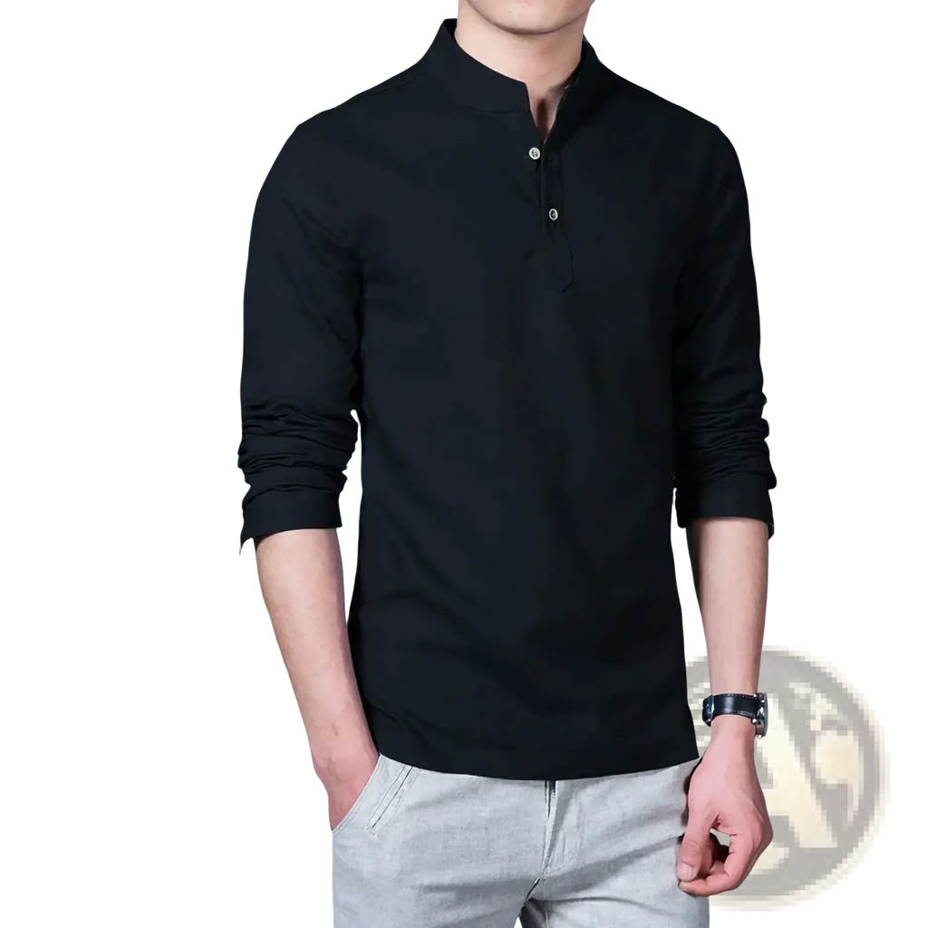 Men’s black linen mandarin collar long sleeve shirt with subtle texture and silver buttons